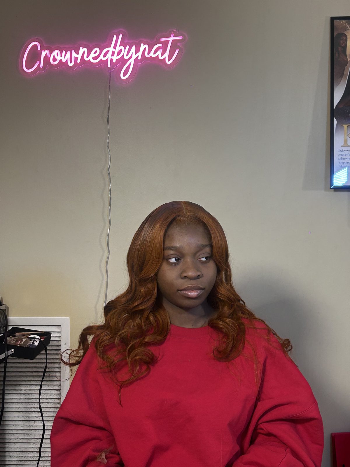 A warm copper install with a centre parting, worn straight through the lengths with a soft bend at the ends